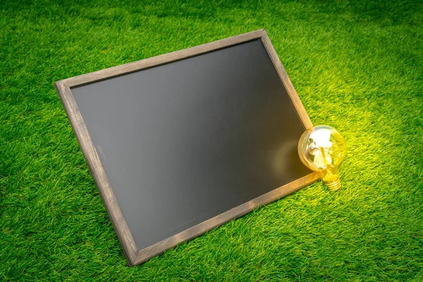 Blank black board and light bulb on grass field — Stock Photo, Image