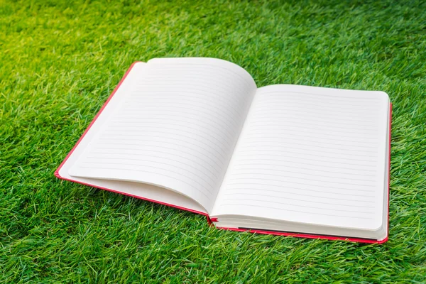 Notebook on spring green grass — Stock Photo, Image