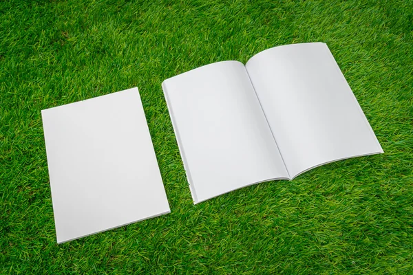 Catalogo in bianco, riviste, libro finto su erba verde — Foto Stock