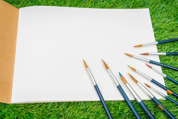 Paintbrushes with book on green grass — Stock Photo, Image