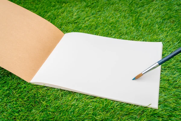 Paintbrushes with book on green grass — Stock Photo, Image