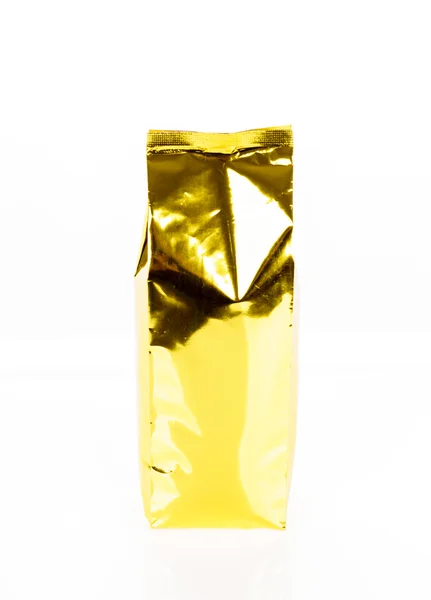 Golden foil bag package on white background — Stock Photo, Image