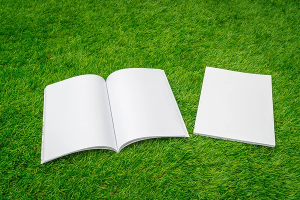 Catálogo en blanco, revistas, maqueta de libros sobre hierba verde —  Fotos de Stock