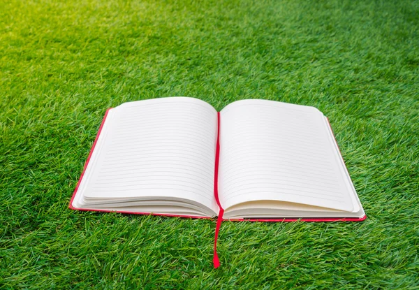 Notebook on spring green grass — Stock Photo, Image