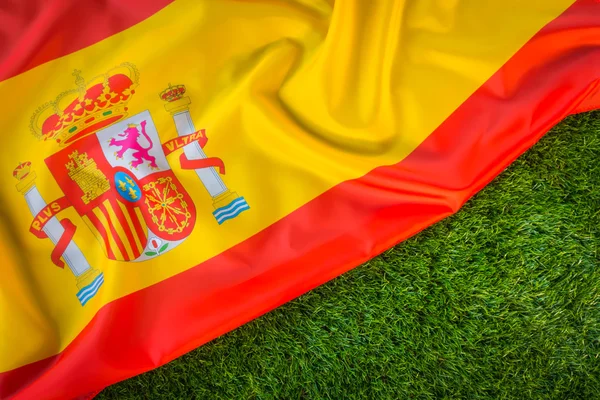 Flaggor av Spanien på grönt gräs . — Stockfoto