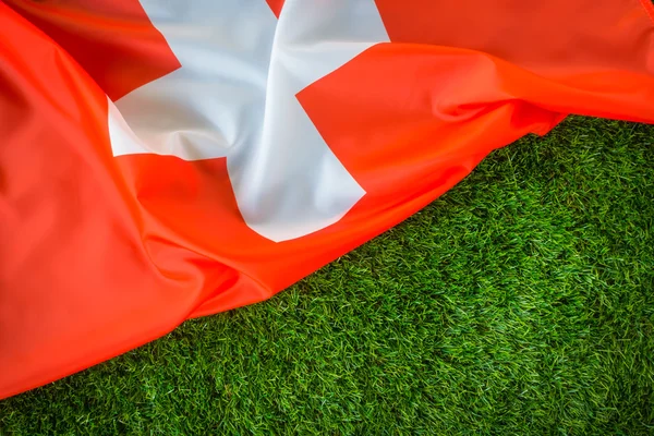 Bandiere della Svizzera sull'erba verde  . — Foto Stock