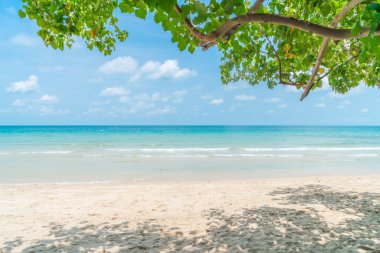 Mavi deniz ve gökyüzü ile güzel beyaz kum plaj