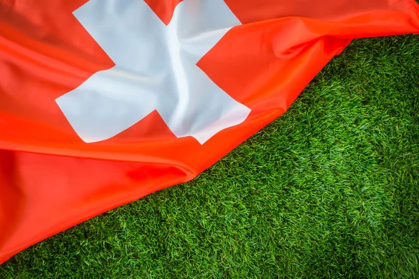 A zöld fű Svájc zászlói . — Stock Fotó