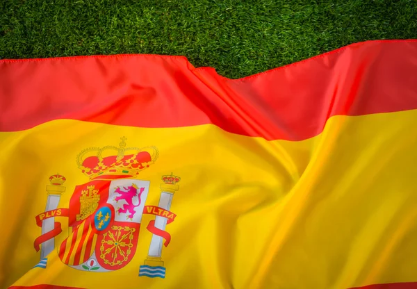 Flaggor av Spanien på grönt gräs . — Stockfoto