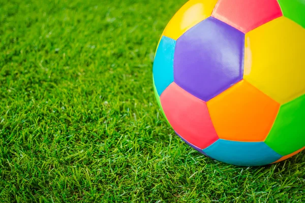 Real leather Colorful multi colour Soccer ball on green grass . — Stock Photo, Image