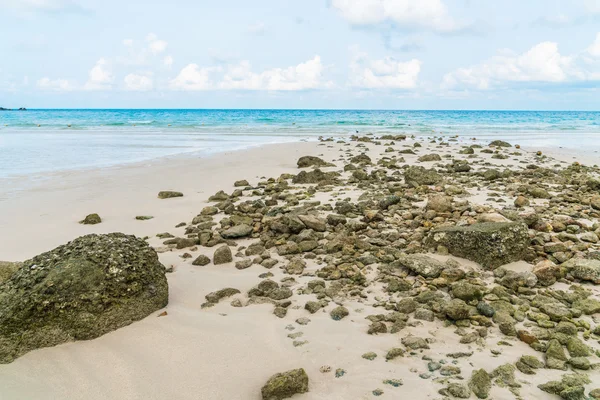 Mavi deniz ve gökyüzü ile güzel beyaz kum plaj