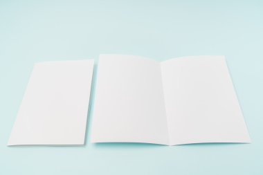 Bifold beyaz şablon kağıt üzerinde mavi arka plan .