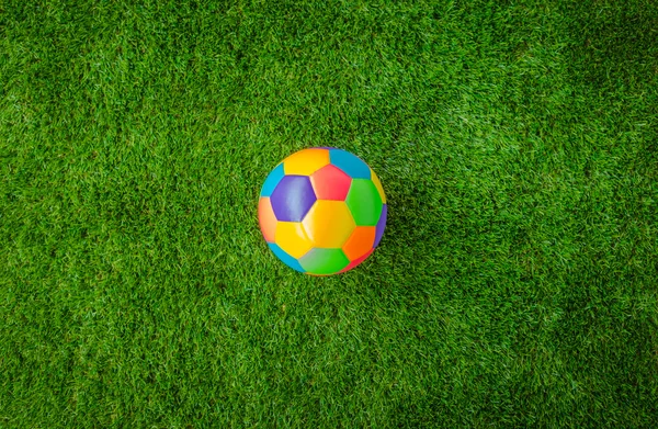 Real leather Colorful multi colour Soccer ball on green grass . — Stock Photo, Image