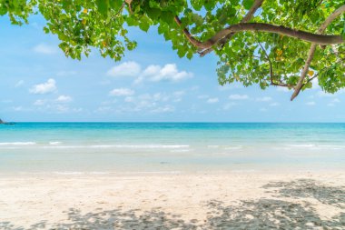 Mavi deniz ve gökyüzü ile güzel beyaz kum plaj