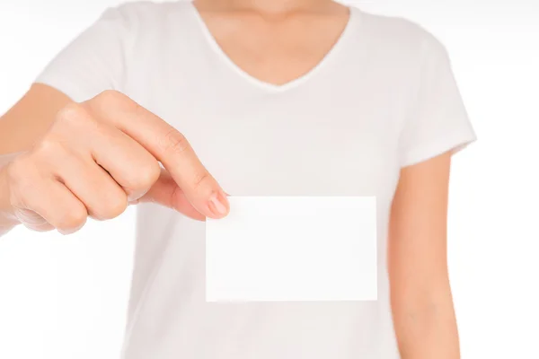 Ruka ženy prázdný papír vizitky izolovaných na bílém b — Stock fotografie