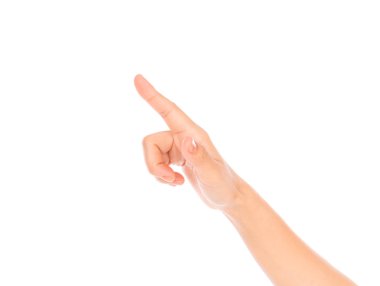 kadın el beyaz zemin üzerine izole sanal ekran dokunaklı 