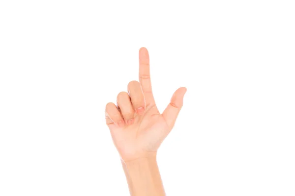 Mulher mão tocando tela virtual isolado no fundo branco — Fotografia de Stock