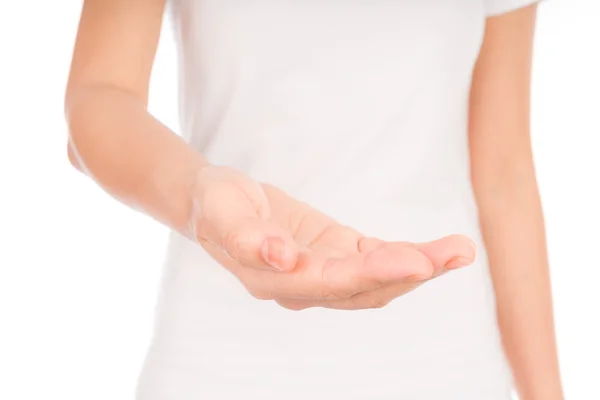 Vazio mulher mãos sobre o corpo isolado no fundo  . — Fotografia de Stock