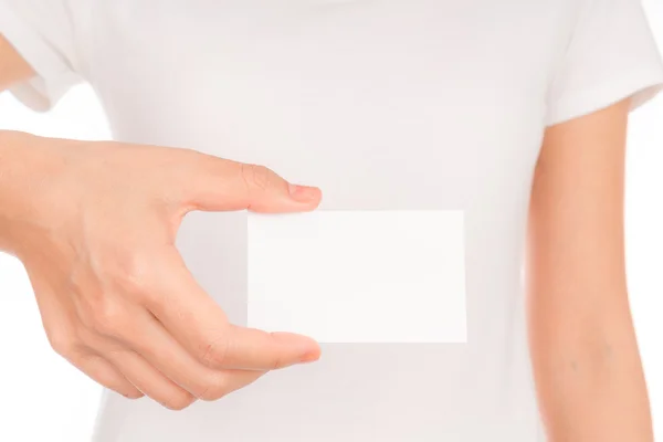 Women hand holding blank paper business card isolated on white b — Stock Photo, Image