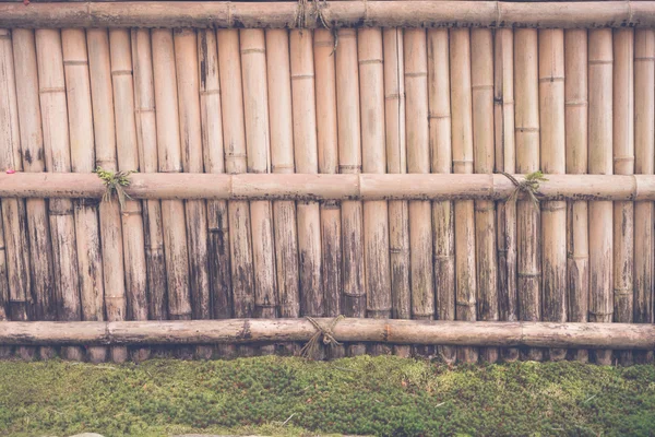Bambusz kerítés kőből, zöld levelekkel. (Szűrt kép proc — Stock Fotó
