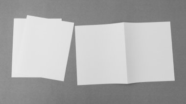 Bifold beyaz şablon kağıt gri arka plan üzerinde .