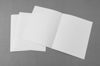 Bifold beyaz şablon kağıt gri arka plan üzerinde .