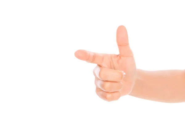 Mulher mão tocando tela virtual isolado no fundo branco — Fotografia de Stock