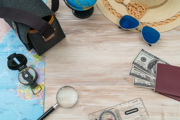 Travel preparation : compass, money, passport, road map ,hat,sun — Stock Photo, Image