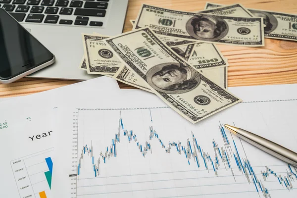 Фінансові графіки на столі з ноутбуком, телефоном, доларовим банком — стокове фото
