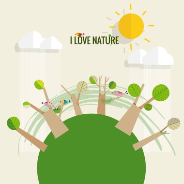 Arkadaşça ECO. Ağaç zeminli ekoloji kavramı. Vektör illüstrasyonu