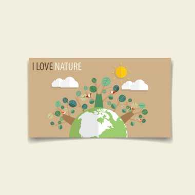 Arkadaşça ECO. Green Eco Earth ve Trees ile ekoloji konsepti. Vektör illüstrasyonu.