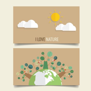 Arkadaşça ECO. Green Eco Earth ve Trees ile ekoloji konsepti. Vektör illüstrasyonu.