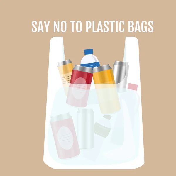 Una Bolsa Plástico Con Botellas Latas Plástico Conversación Ecológica Ilustración — Vector de stock