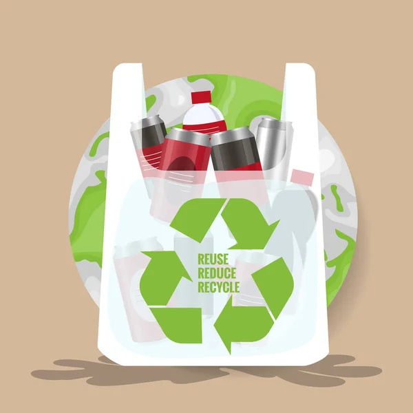 Una Bolsa Plástico Con Botellas Latas Plástico Conversación Ecológica Ilustración — Vector de stock