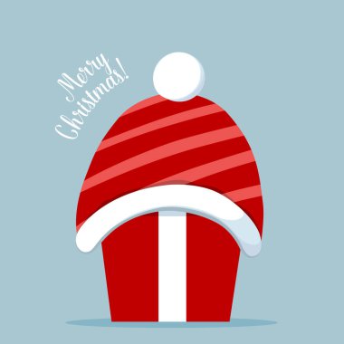 Noel Baba şapkalı Noel hediyesi kutusu. Mutlu Noeller ve mutlu yıllar. Vektör İllüstrasyonu