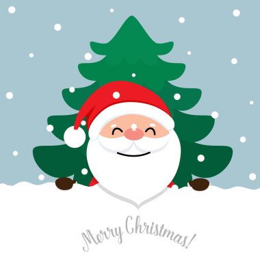 Çizgi film Noel Baba 'sı ve süslü Noel ağacı. Tatil geçmişi. Mutlu Noeller ve mutlu yıllar. Vektör illüstrasyonu.