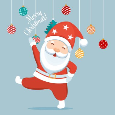 Noel Baba çizgi filmi ve dekoratif festival objesi. Mutlu Noeller ve mutlu yıllar. Vektör İllüstrasyonu