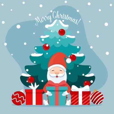 Noel Baba çizgi filmi. Mutlu Noeller ve mutlu yıllar tebrik kartı. Vektör İllüstrasyonu