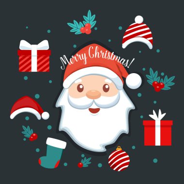 Noel Baba çizgi filmi ve dekoratif festival objesi. Mutlu Noeller ve mutlu yıllar. Vektör İllüstrasyonu