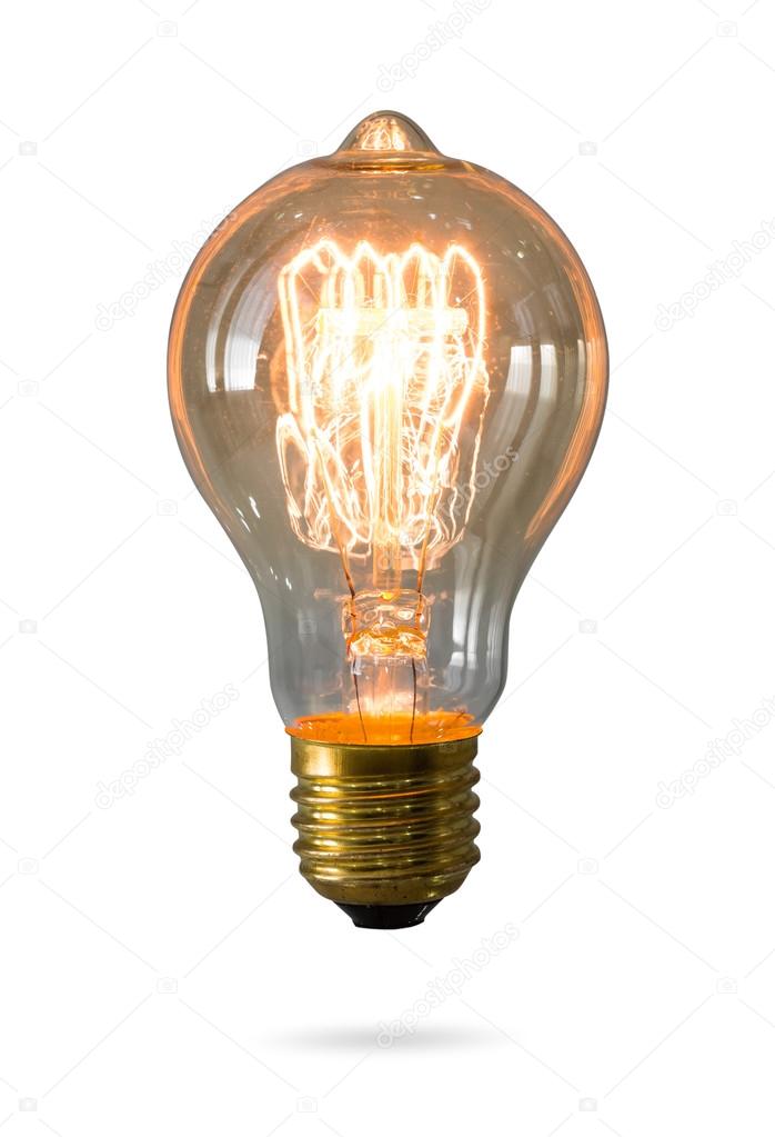 Glowing yellow light bulb isolated on white background