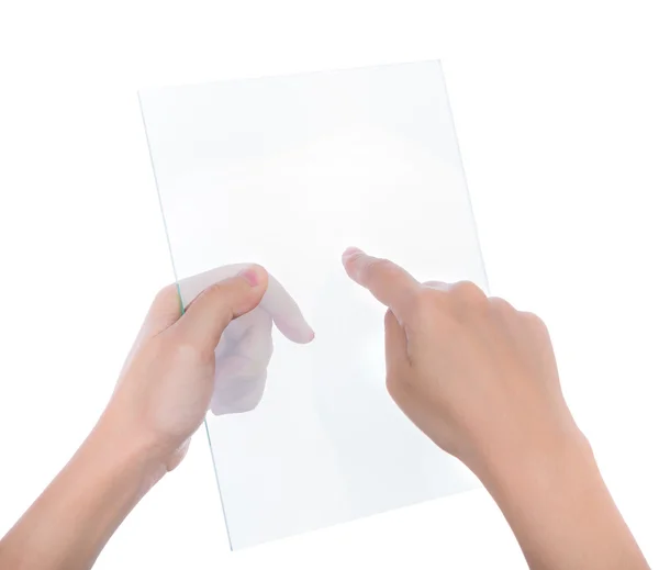 Mulher bonita mão segurando dispositivo branco transparente isolado o — Fotografia de Stock