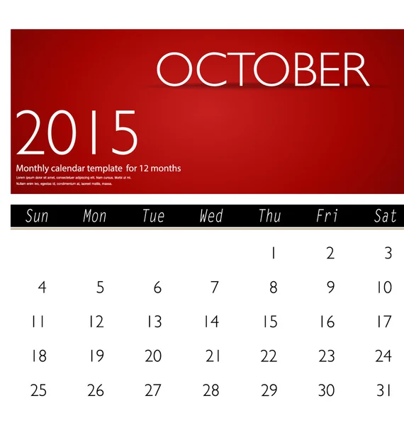 Eenvoudige 2015 kalender, oktober. vectorillustratie. — Stockvector