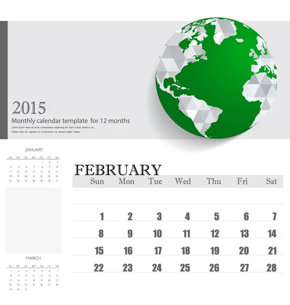 Simple 2015 calendar, February. Vector illustration. — Stock Vector