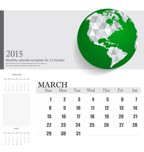 Semplice calendario 2015, marzo. Illustrazione vettoriale . — Vettoriale Stock