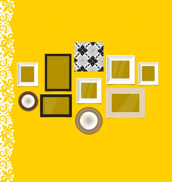 Vintage frames on yellow wall, vector illustration. — Stock Vector