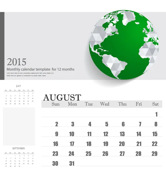 Einfacher Kalender 2015, August. Vektorillustration. — Stockvektor