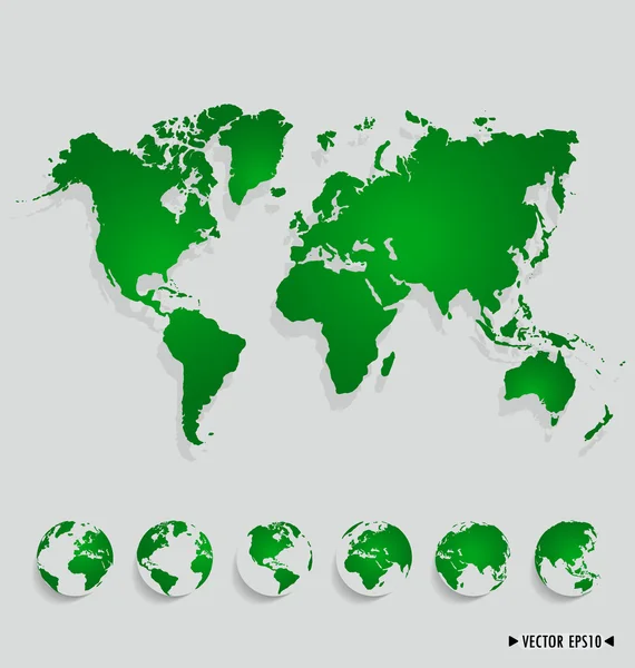 Mapa del mundo y globos terrestres. Ilustración vectorial . — Vector de stock