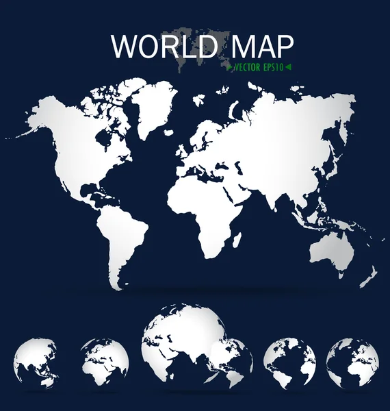 Weltkarte und Erdkugeln. Vektorillustration. — Stockvektor