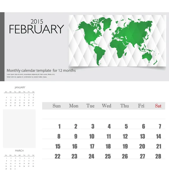 シンプルな 2015年カレンダー、2 月。ベクトル イラスト. — ストックベクタ