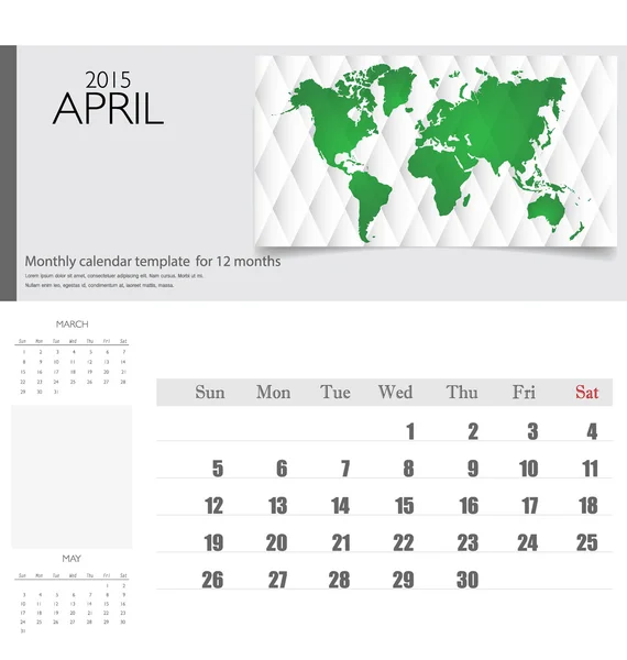 Enkel 2015 kalender, april. vektor illustration. — Stock vektor